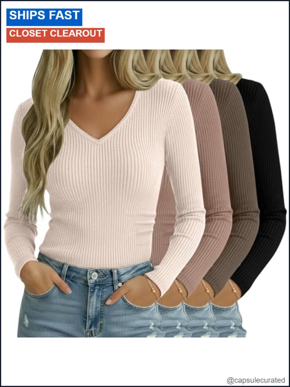 Ribbed Knit V-Neck Long Sleeve Fitted T-Shirt